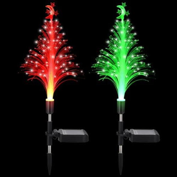 2 Pcs Solar Christmas Tree Garden Stake Lights Outdoor Christmas Tree Lighted Yard Decorations Multicolor Led Solar Stakes For Pathway Lawn Patio Xmas Ornament (Moon Star)