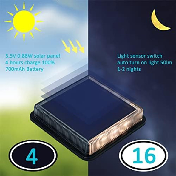 Solar Deck Lights Driveway Walkway Dock Light Solar Powered Outdoor Stair Step Pathway Led Lamp For Backyard Patio Garden Ground Auto On/Off - Warm White - Square - 4 Pack