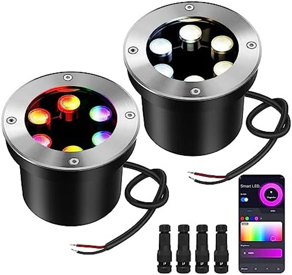 Smart Color Changing Led Landscape Well Lights Low Voltage 6W 12V-24V With Bluetooth Mesh App Control Waterproof Outdoor Lights Led In Ground Spotlights Rgbcw Cri90 For Trees 2 Pack