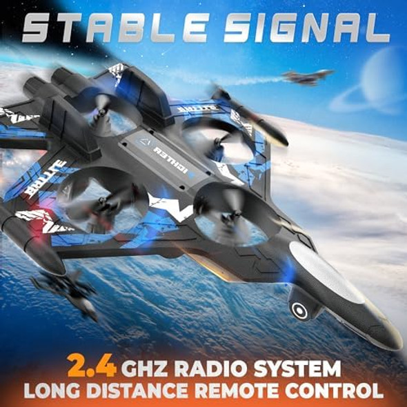 Bezgar Drones For Kids 2.4Ghz Rc Plane Remote Control Airplane Rc Helicopter 360° Flip Fighter Jet Toy With Colorful Led Navigation Lights Blue Toys For Ages 8-13