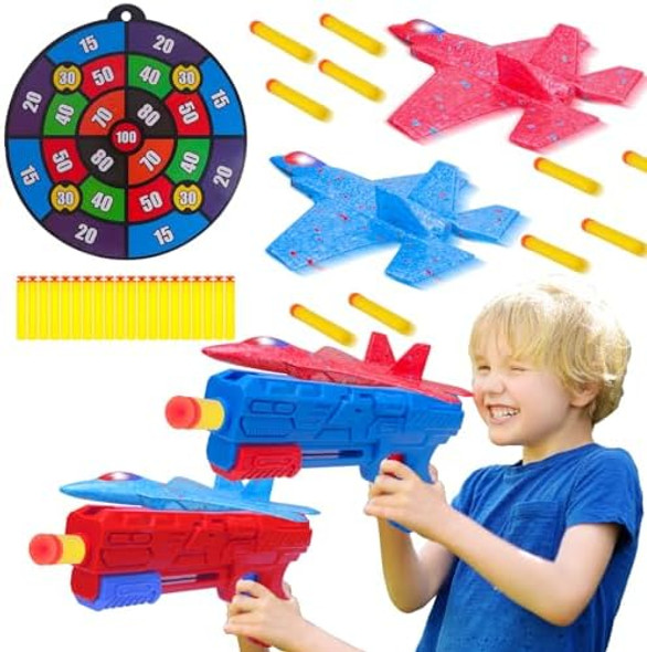 Kids Foam Dart Gun Set With Target Board 2 Airplane Launchers And 20 Foam Darts Indoor Outdoor Shooting Game