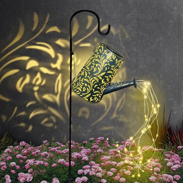 Solar Watering Can With Cascading Lights Large Hanging Solar Lantern Flickering Lights Metal Waterproof Garden Stake Vintage Hollow Flower Pattern For Landscape Yard Lawn Pathway Decoration
