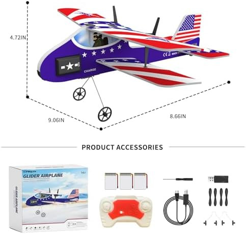 Rc Airplane For Kids With 3 Batteries Usa Flag Design Biplane With Led Light Easy To Fly Outdoor Remote Control Plane Toy For Boys Girls For Ages 6+