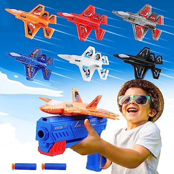 Chengchuang 6 Pack Airplane Launcher Toy F-35 Foam Airplanes For Kids With 6 Pcs Stickers 2 In 1 Foam Glider Planes For Kids 4 5 6 7 8 9 10 12 Year Old