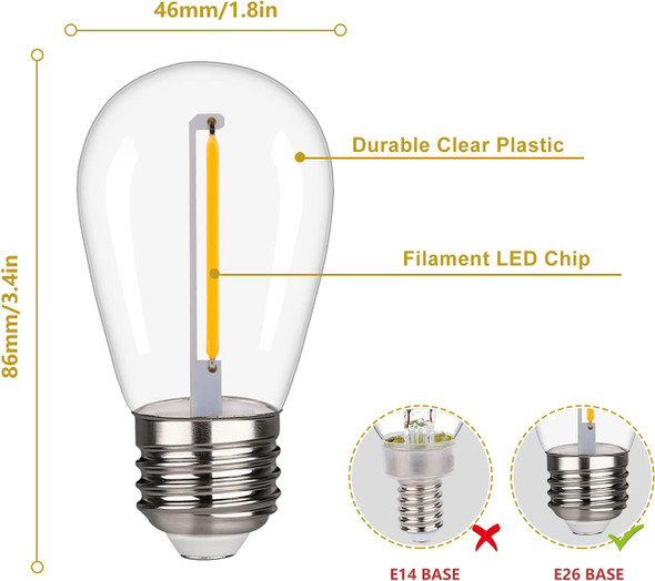 Shatterproof Led String Lights Waterproof Warm White 2200K 70Lm E26 Base - 15 Pack