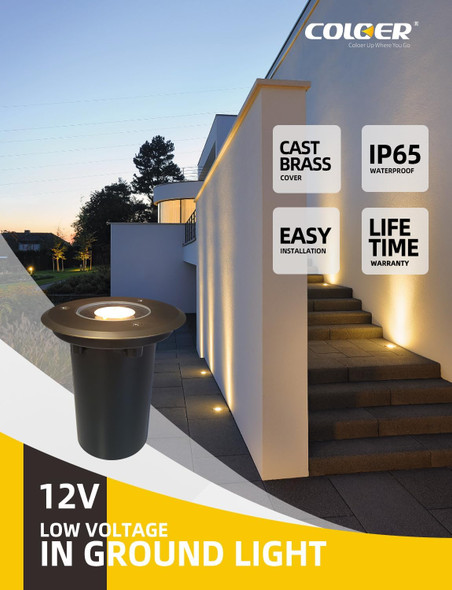 Coloer In-Ground Well Lights With Die-Cast Brass Top 12 Volt Low Voltage Led Outdoor Low Voltage Pathway Lights Ip65 Waterproof Landscape Driveway Lighting(303B1-Pack Without Bulb)