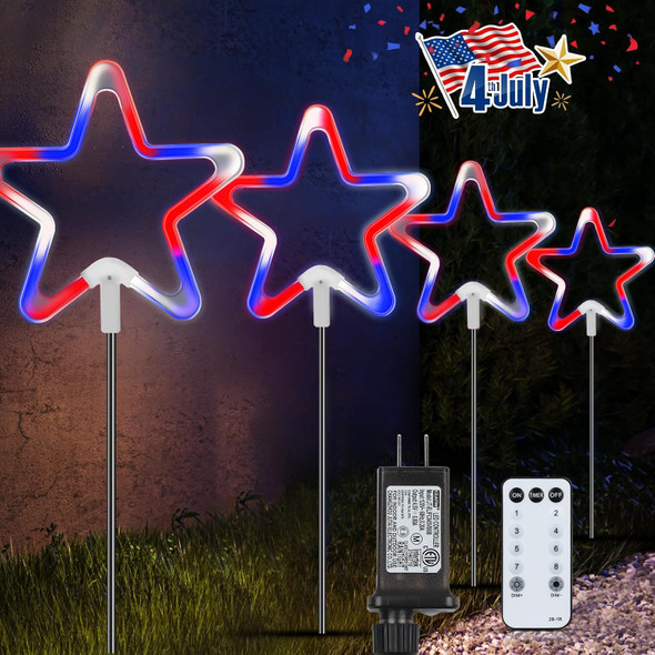 4Th Of July Light Outdoor Decorations4 Pack Landscape Garden Star Light With Stainless Steel StakesRed White Blue Neon Lights With Remote For Pathway Patio Yard Lawn Porch Path Décor（Plug-In）
