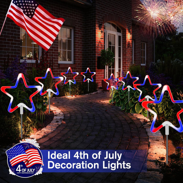 4Th Of July Light Outdoor Decorations4 Pack Landscape Garden Star Light With Stainless Steel StakesRed White Blue Neon Lights With Remote For Pathway Patio Yard Lawn Porch Path Décor（Plug-In）