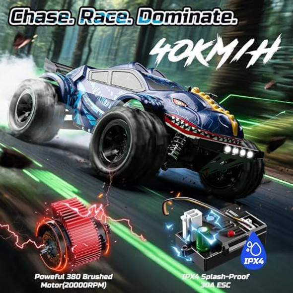 Deerc 9308E 1:16 Fast Rc Cars For Boys Age 8-12 Rc Monster Truck 40 KphAll Terrain 4Wd High Speed Dinosaur Truck 2 Car Shell2.4Ghz Off-Road Remote Control Cars With 2 Batteries Toy For Kids
