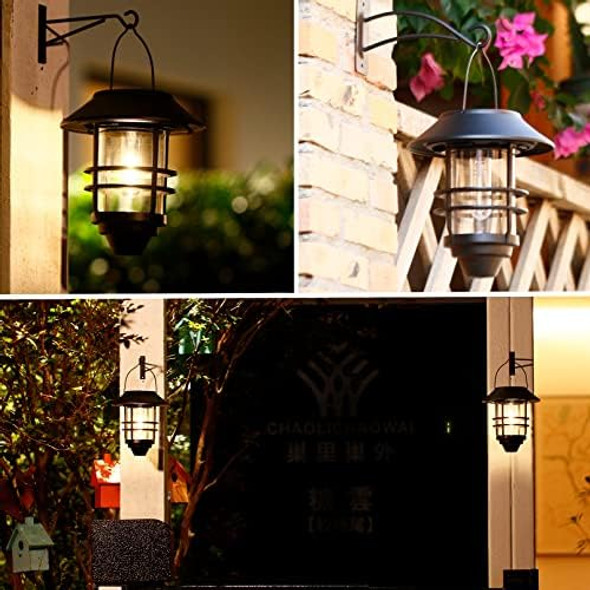 2 Pack Solar Lights Outdoor LanternsWaterproof Hanging Solar Lights Lantern Glass Metal With Wall Mount Kit Garden Lanterns Solar Powered For Outdoor Fence Front Porch Exterior Lighting