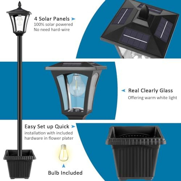 72" Solar Outdoor Light With PlanterWaterproof Solar Post Lamp Ligts Garden Lights For Backyard Pathway PatioLawn Driveway Decor