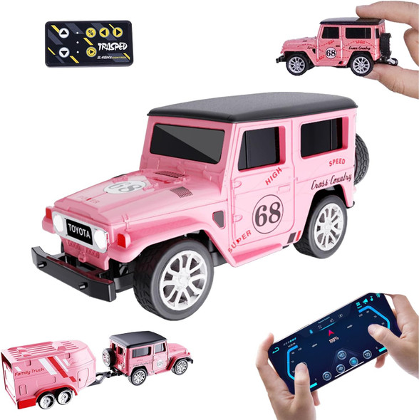 Mini Rc Car With App Control 1:64 Scale Off-Road Vehicle & Trailer Toy 2.4Ghz Wireless Remote Control Led Lights Alloy Case Multicontrol Modes Speed/Steering Adjustable (Black)