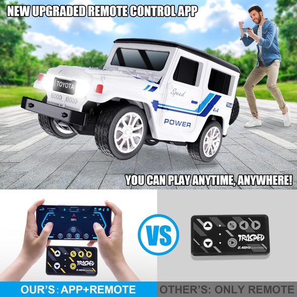 Mini Rc Car With App Control 1:64 Scale Off-Road Vehicle & Trailer Toy 2.4Ghz Wireless Remote Control Led Lights Alloy Case Multicontrol Modes Speed/Steering Adjustable (Black)