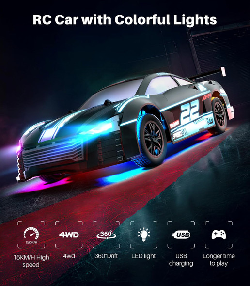 Rc Drift Car 4Wd 2.4Ghz Remote Control Vehicle With Led Lights Drifting & Racing Tires 2 Rechargeable Batteries s For Kids Boys Girls Adults (Yellow)