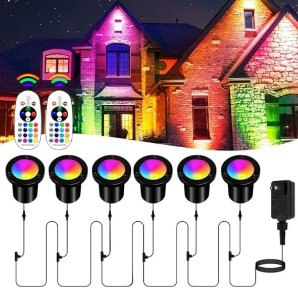 6-In-1 Color Changing Landscape Lighting Kit6 Pack Low Voltage Rgbw Landscape Ground Lights With Transformer &Remote 75Ft Wire16 Color+ Warm White Uplights For Hollween GardenTreePatio 36W