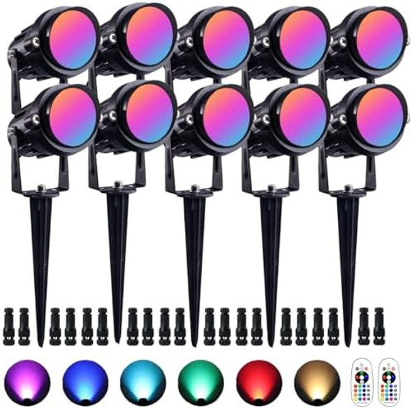 Rgb Outdoor Spotlight 10W Led Color Changing Landscape Lights With Remote Control 12V24V Landscape Lighting Waterproof Spot Lights Outdoor For Yard Garden Patio Lawn Halloween Decorative 10Pack