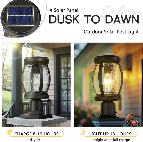 Emliviar Exterior Solar Pillar Light Warm White Matte Black Led Solar Post Column Lamp For Garden Yard Landscape Die Cast Aluminum With Clear Glass Yxe303P-Sl Bk