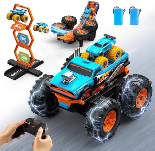 2-In-1 Remote Control Car With Transform Launcher Track – 1:16 Rc Monster Truck Toys 2.4Ghz Self-Standing 360° Flips Towing Mini Cars & Electric Scoring Gate Truck For Kids Boys Girls Age 4-12