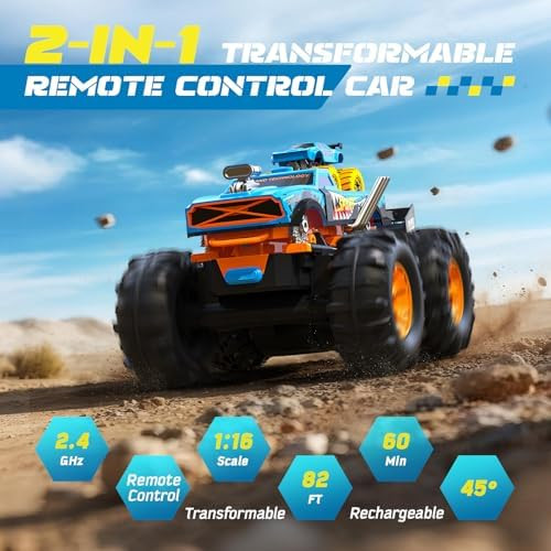 2-In-1 Remote Control Car With Transform Launcher Track – 1:16 Rc Monster Truck Toys 2.4Ghz Self-Standing 360° Flips Towing Mini Cars & Electric Scoring Gate Truck For Kids Boys Girls Age 4-12