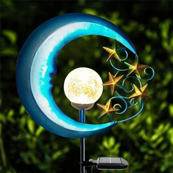Stars Moon Solar Lights Outdoor - Solar Powered Garden Lights Decorative Crackle Glass Globe Led Waterproof Landscape Lighting For PathwayYardLawnPatio
