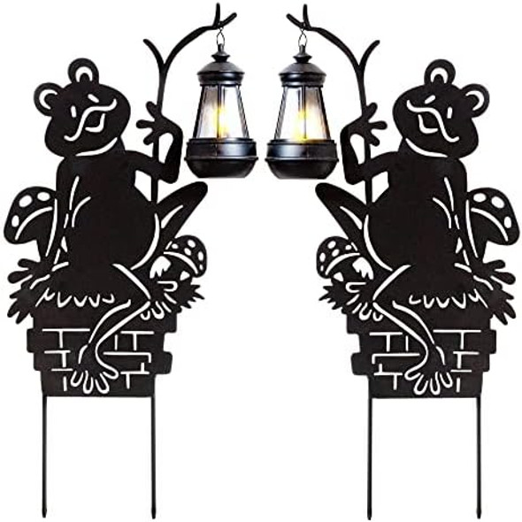 Frogs W/Lamp Solar Garden Stakes (2-Pack) Set Of 2 Lawn Ornament Metal Silhouettes With Solar-Rechargeable Lanterns