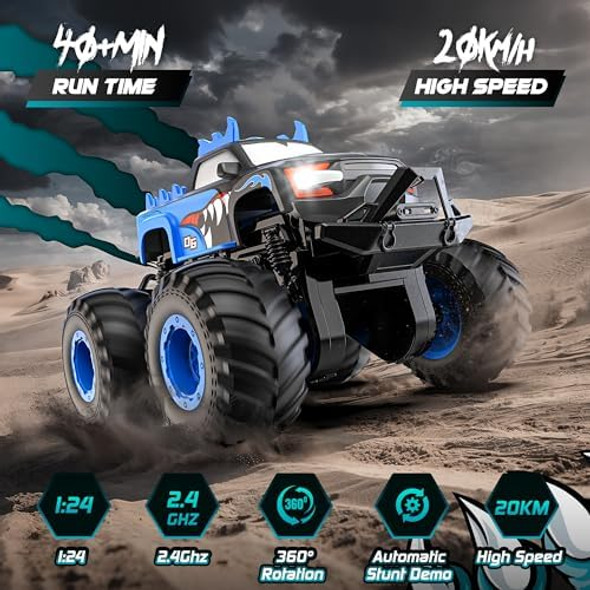 Remote Control Car 1:24 Scale All Terrain Remote Control Truck With Auto Demo Monster Truck Toys With 360° Rotation And Lights 2.4Ghz Rc Cars Support 20Km/H Remote Control Car For Boys 4-7 8-12