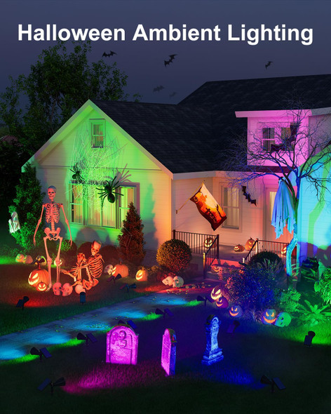 Color Changing Solar Spotlights Outdoor Rgb Waterproof Landscape Flood Lights For Halloween Decorations Skeletons Tombstones Pumpkin Tree Uplighting For Outside House Wall Yard Garden Pathway