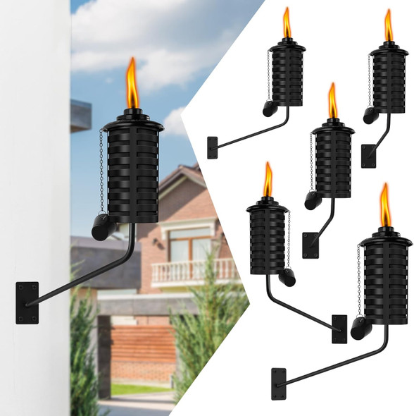 6 Pack Black Wall Mounted Citronella Torches16 Oz Outdoor Metal TorchRefillable Garden Torches For Yard Patio Deck Garden Party Landscape