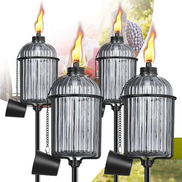 4 Pack Glass Garden Torch 13.5 Oz Colorful Outdoor Torch Garden Décor 61-Inch d Citronella Torches With 3-Prong Grounded Stake Metal Light Torches For Party Patio Pathway