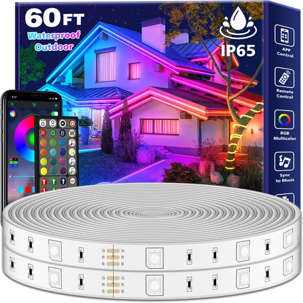 Fbz 60Ft Outdoor Waterproof Led Strip LightsMusic Sync Rgb Ip65 Led Lights With App Control And RemoteColor Changing Waterproof Led Rope Lights For OutdoorBalconyRoofGardenStairs Party (60Ft)