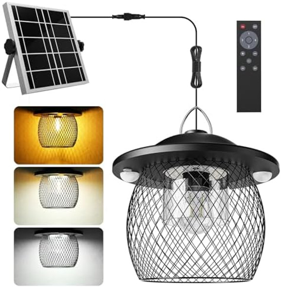 Solar Shed Pendant Light Daytime And Night Metal Net Cover Indoor&Outdoor With E27 Bulb Cool White And Warmwhite 3 Color Temperature 5 Modes For Chicken Coop Light Patio Garden Barn Yard Gazebo Etc