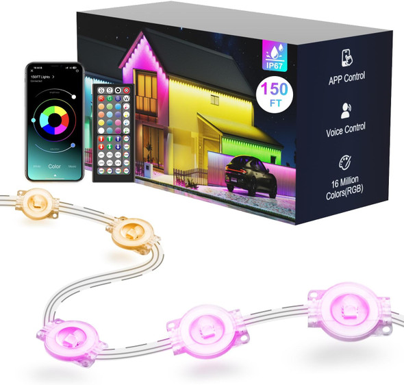 Fussion Permanent Outdoor Lights For House 150Ft Rgb Halloween House Lights Outdoor With App Remote Control Ip67 Waterproof Smart Eternity Eaves Lighting For Christmas Holiday Party Daily