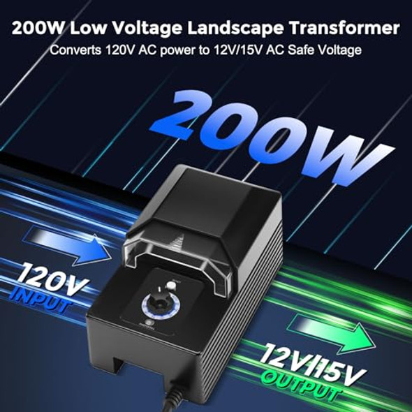 Gardencoin 200W Low Voltage Landscape Transformer - 120V Ac To 12V/15V Ac Dual Voltage Output With Auto Timer & Dusk-To-Dawn Sensor Weatherproof Power Supply For Ooutdoor Landscape Lighting
