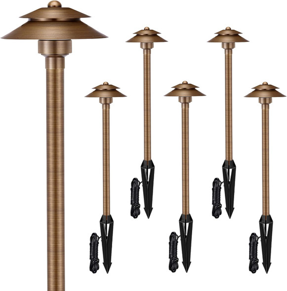 Gardencoin Solid Brass Low Voltage Landscape Pathway Lights (6'' Shade 2-Tier 19'' Tall) 12V Ac/Dc Led Heavy Duty Path Lighting Outdoor Wired Waterproof Bronze Walkway Light Without G4 Bulb12 Pack