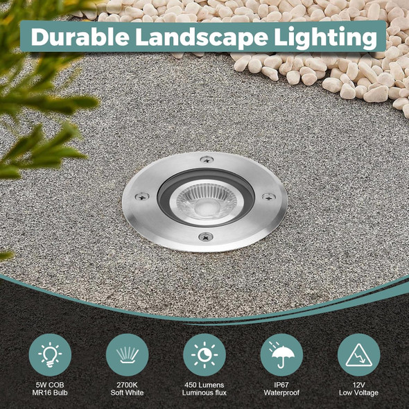 Gardencoin Low Voltage Landscape Led Well Lights 12V In Ground Lights Outdoor Ip67 Waterproof 4.3 Inch Wired Landscape Up Lighting Included Replacement 5W 2700K Mr16 Bulb Dimmable 6 Pack