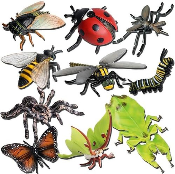Gemini&Genius 10Pcs Bug Toys For Kids Woodland Animals Insect Figurines Cicada Ladybird Mosquito Bee Dragonfly Caterpillar Spider Butterfly Phyllium Samia Cynthia Animal Toy s For Kids