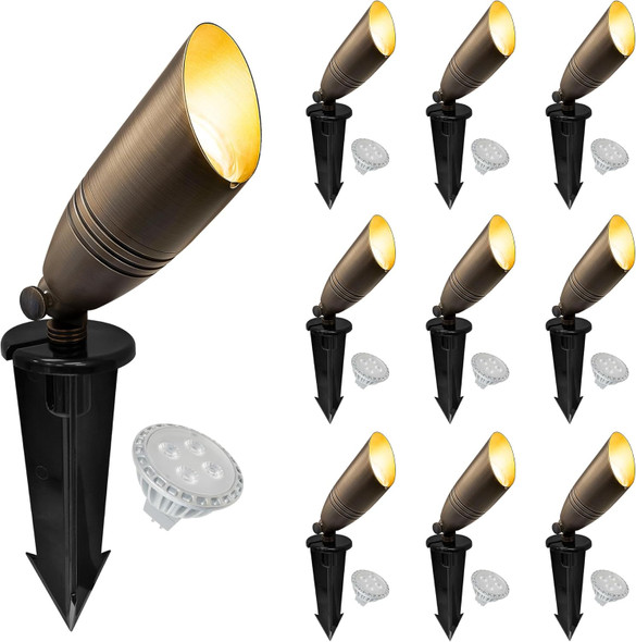 Gkoled Ul Listed Solid Brass Landscape Spotlight Low Voltage Outdoor Directional Uplight With 5W Mr16 Led Bulb & Large Rugged Slot Spike 12V Ac/Dc Garden Patio Spot Up Light