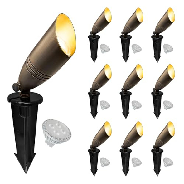 Gkoled Ul Listed Solid Brass Landscape Spotlight Low Voltage Outdoor Directional Uplight With 5W Mr16 Led Bulb & Large Rugged Slot Spike 12V Ac/Dc Garden Patio Spot Up Light