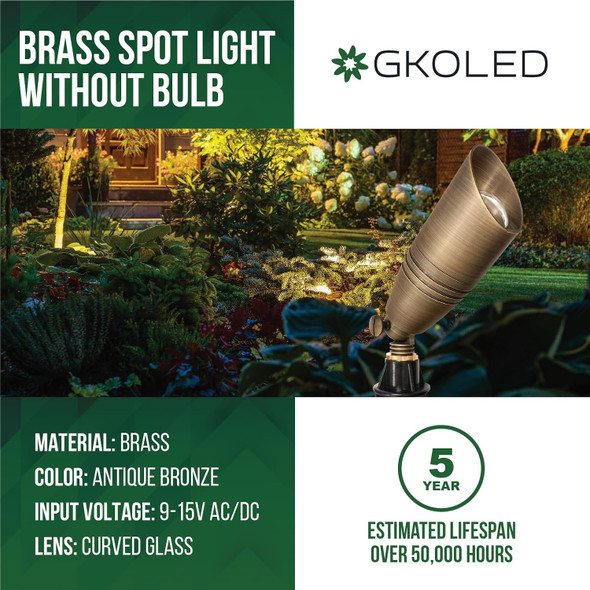 Gkoled 12-Pack Solid Brass Landscape Spotlight 12V Ac/Dc Low Voltage Landscape Lights Outdoor Directional Led Uplight Waterproof Fixture With Abs Ground Spike Garden Spot Up Light Without Bulb