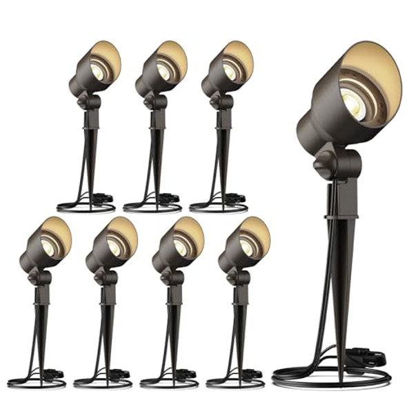 Goodsmann Metal Landscape Lighting Kit 8Pk Hardwired Low Voltage Spotlights 12V Ac 3W Led Outdoor Spot Lights 200 Lumen Warm White With Replaceable Bulbs Stakes And Connectors