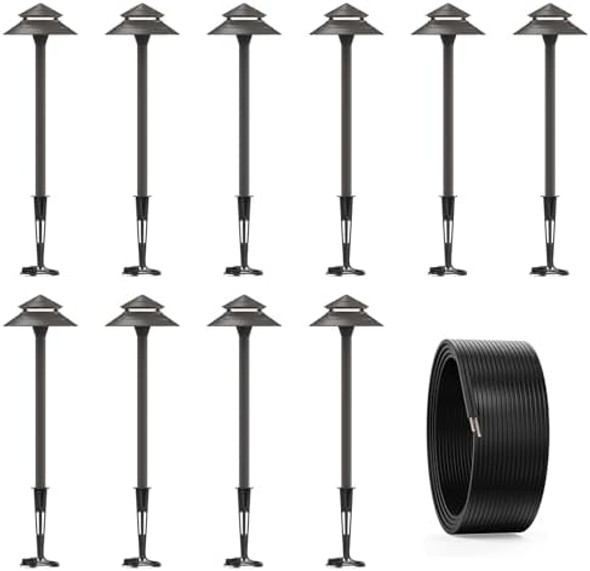 Goodsmann Pathway Lights 3W Led 10Pk Outdoor Low Voltage Landscape Lighting 180 Lumen 2 Tier Pagoda Path Lights With Wire 100Ft 16Awg 2- Conductor Landscape Lighting Cable Direct Burial Wire