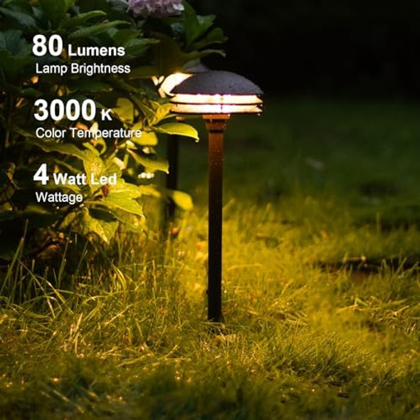 Goodsmann 6Pk Low Voltage Pathway Lights 4W 80 Lumen Outdoor 3 Tier Pagoda Landscape Lights With 4Pk Path Lights Oil Rubbed Bronze 4W 32 Lumen Outdoor Lights With Metal Stakes Cable Connectors