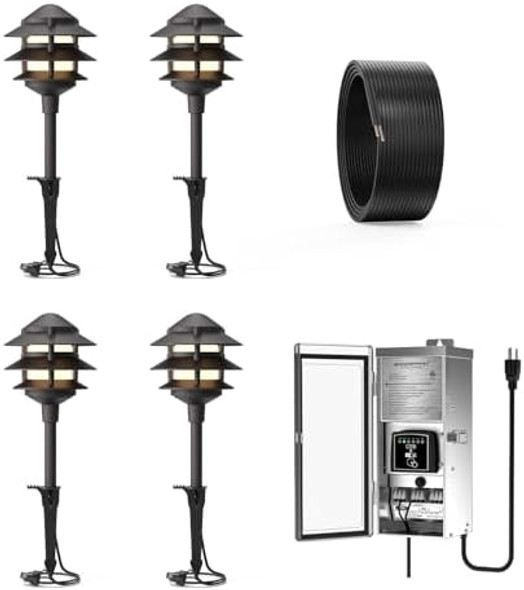Goodsmann 4Pk Pathway Lights Low Voltage 2.2W Led 12V Ac 30 Lumen Path Lights With Low Voltage Transformer 300W 12V/15V Multi Tap Output Stainless Steel Transformer With 100Ft 16 Gauge Cable Wire