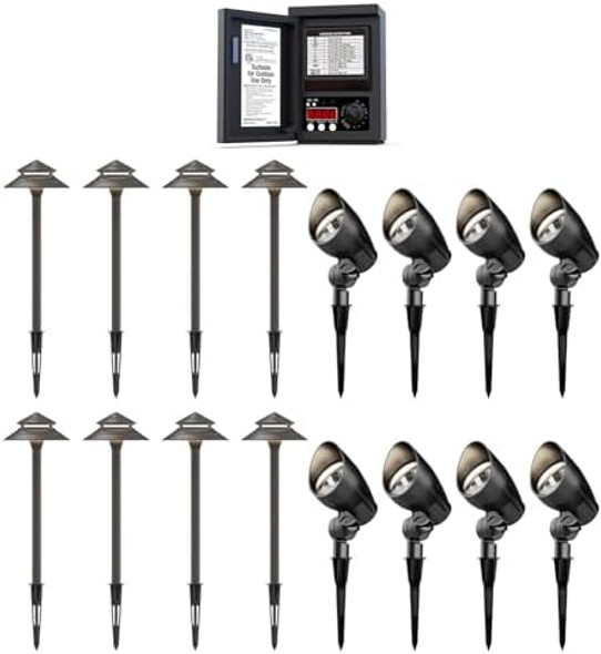 Goodsmann Landscape Lighting 120W Low Voltage Transformer With Pathway Lights Kits 3W Led 8Pk 180 Lumens Path Light And 8Pk 5W Led Spotlight