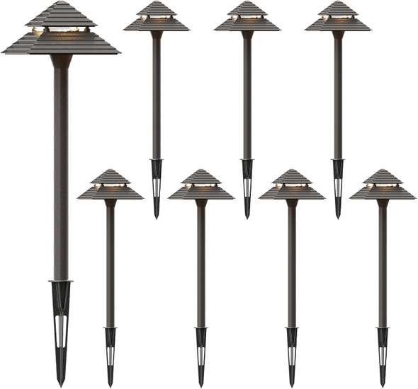 Goodsmann Landscape Lighting 2Pk Low Voltage Landscape 2-Tier Pagoda Path Lights 3W 180 Lumen Led 12V Ac Weatherproof For Outdoor Die-Cast Body And Metal Spike With Bronze Finish 9121-21505-02A