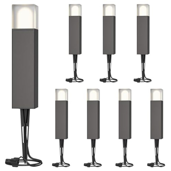 Goodsmann Low Voltage Pathway Lighting 8Pk Bollard Landscape Lights Kits 2W 2700K Warm White Led Wired Path Light 100 Lumens Outdoor Metal Brown Finish Walkway Driveway Light With Connector Stake