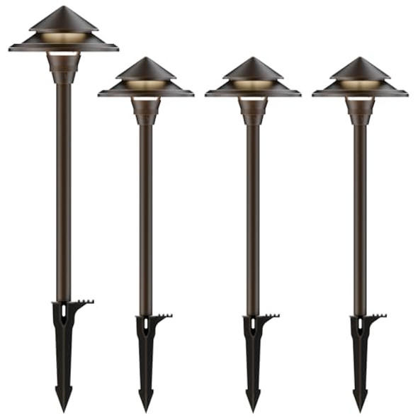 Goodsmann Low Voltage Landscape Lighting 4Pk Led Path Lights Oil Rubbed Bronze 4W 32 Lumen Hardwired 2 Tier Pagoda Landscape Pathway Lights 3000K Warm White Metal Stakes Cable Connectors