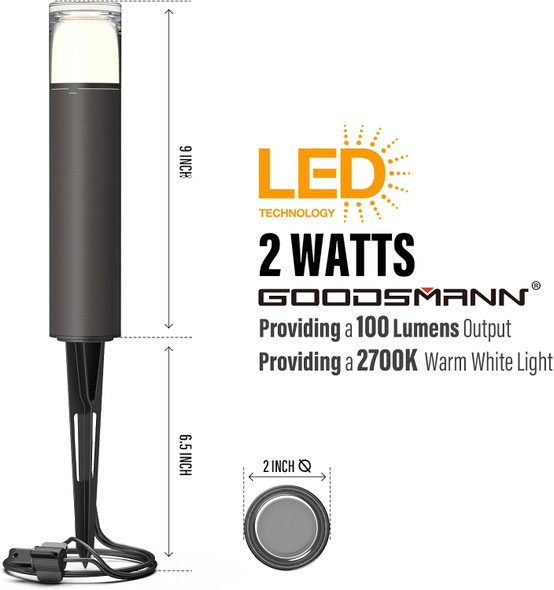 Goodsmann Low Voltage Bollard Light 2 Watt Led Landscape Lighting 2700K Warm White Weatherproof Pathway Lights Bronze Outdoor Walkway & Sideway & Driveway Round Path Light With Cable Connector