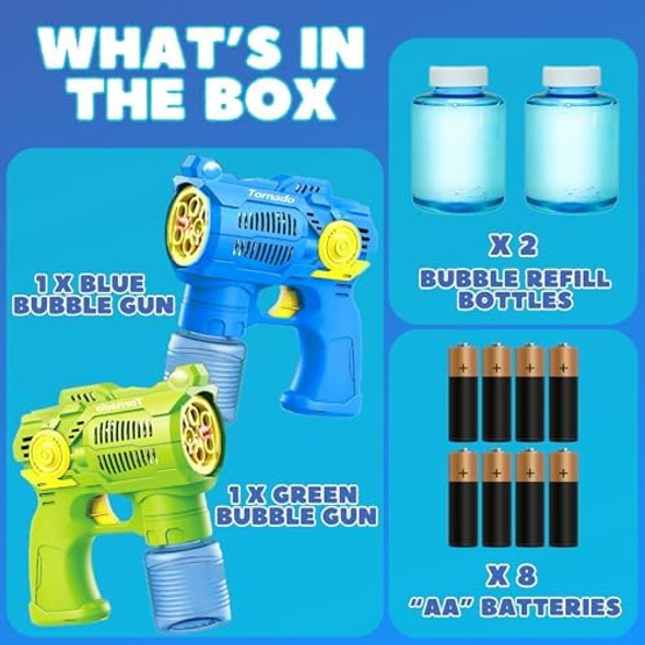 2-Pack Bubble Gun Set With Batteries – Automatic Bubble Blower Toys For Kids & Toddlers 1 Blue + 1 Green Bubble Shooter With Solution Included Outdoor Fun & Ready To Play