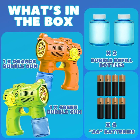 2-Pack Bubble Gun Set With Batteries – Automatic Bubble Blower Toys For Kids & Toddlers 1 Green + 1 Orange Bubble Shooter With Solution Included Outdoor Fun & Ready To Play